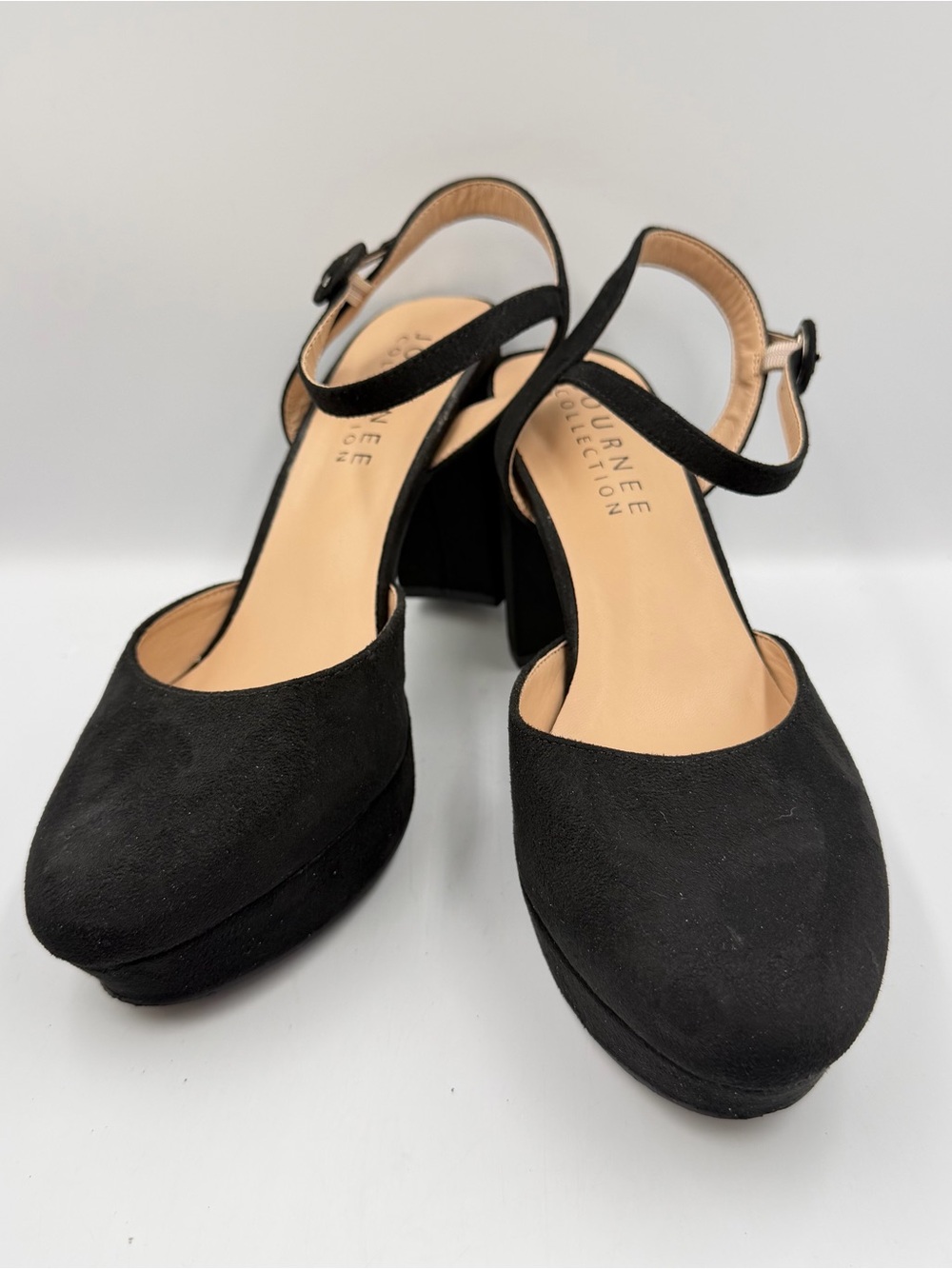 Journee Collection Roslynn Black Faux Suede Platform Womens 9 Ankle Strap Block